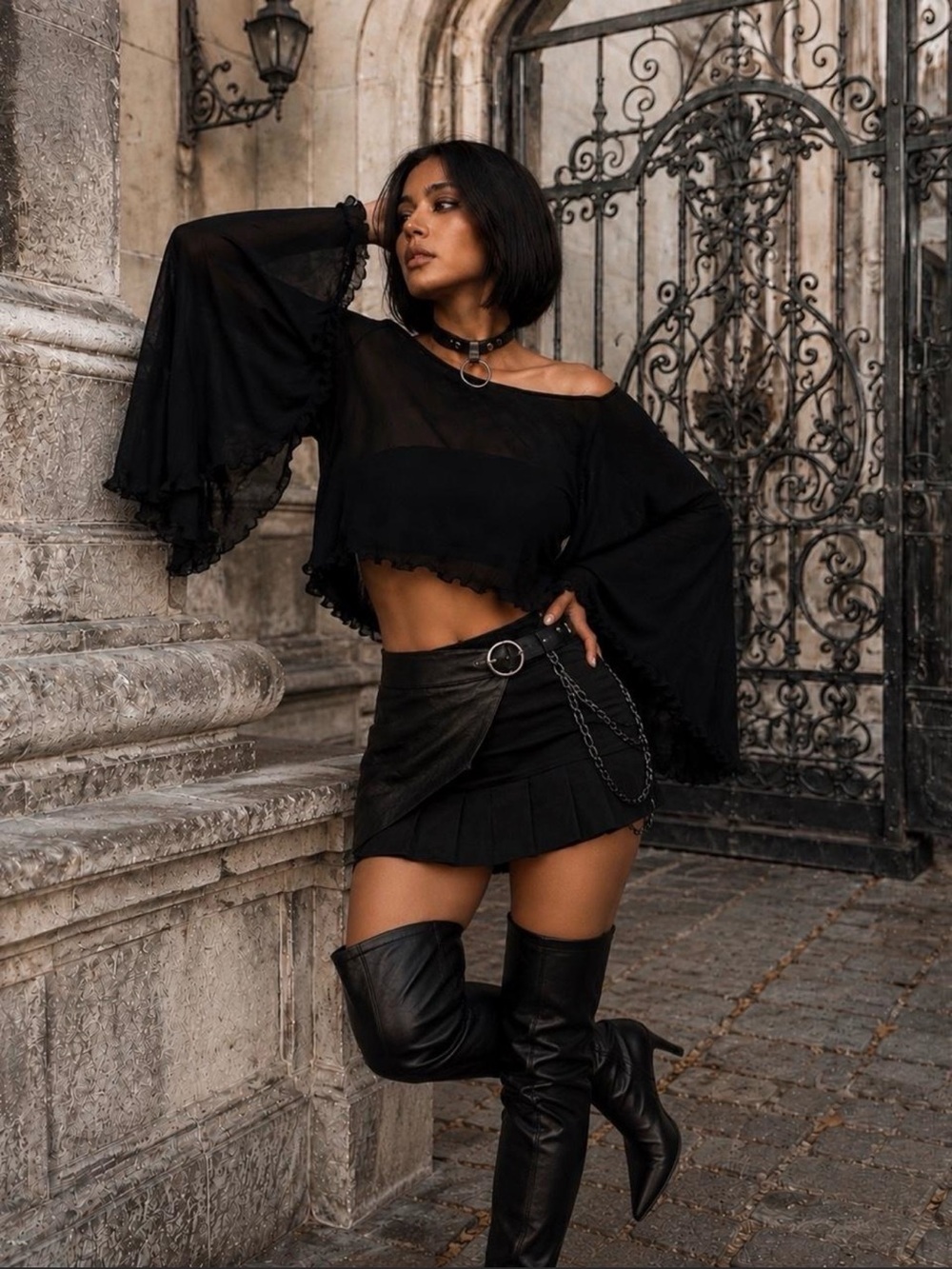 Sheer Black Bell-Sleeve Crop Top - Women's Gothic Crop